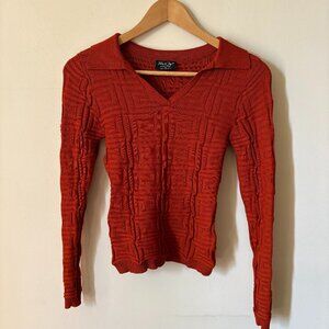 Share Jolie & Joy Cropped Collared Geometric Knit Top in Burnt Orange Size M